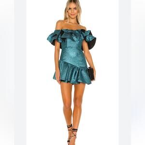 NBD Tigerlily Mini Metallic Ruffle Mini Dress Aquatic Blur size large